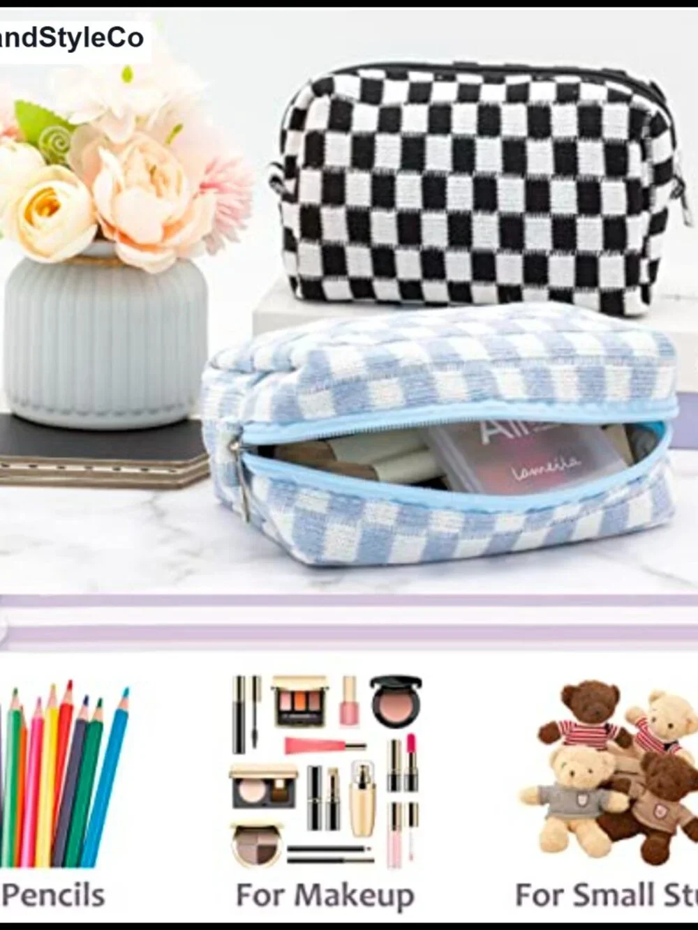 Checkered Cosmetic Bag for Purse - Portable Travel Makeup Pouch with Zipper